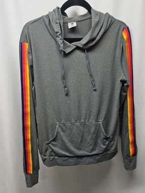 Women's Gray Hooded Sweatshirt with Rainbow Sleeve Stripes
